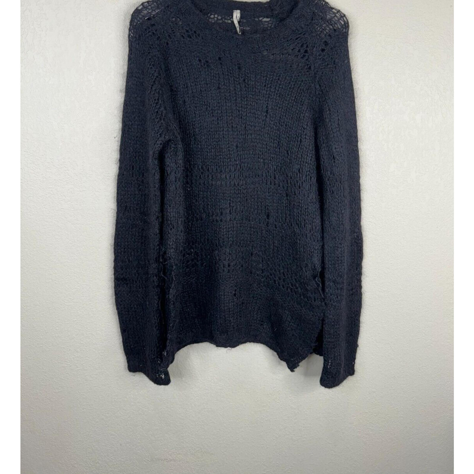 Iro Womens Sweater Size 3 Navy Blue Mohair Open Knit Crewneck Pullover Side Slit
